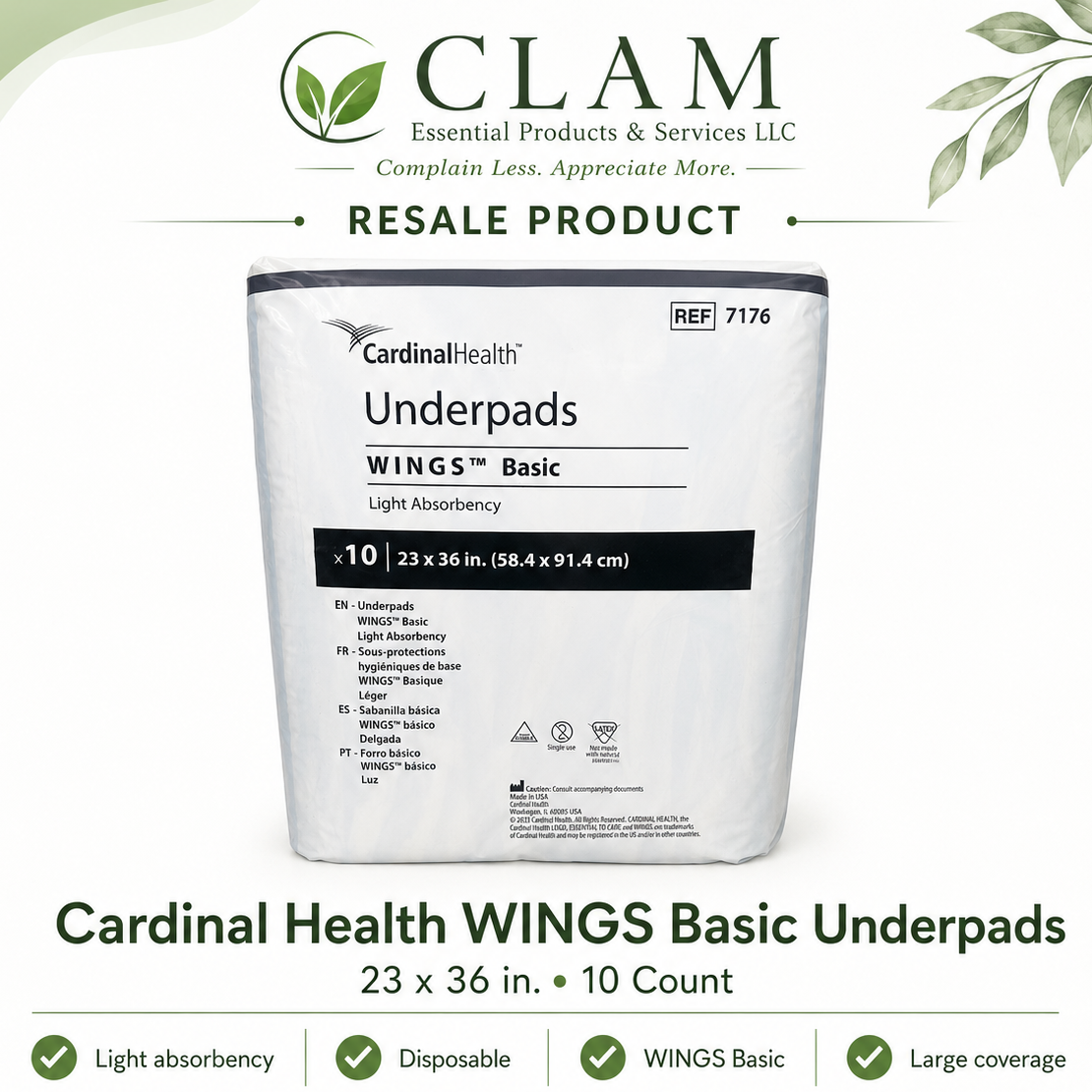 Cardinal Health WINGS Basic Underpads – 23×36 Inches, 10 Count